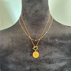 Gold Coin Pendant Layered Necklace with Multicolor Beaded Chain